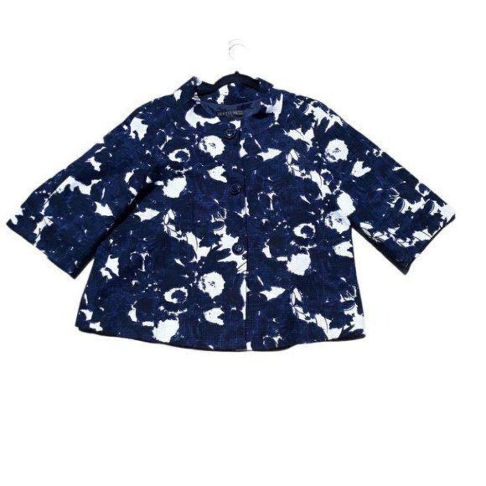 Lafayette 148 Blazer Cotton Blend Cape‎ Kimono Sleeve Abstract Floral Navy SZ 8
